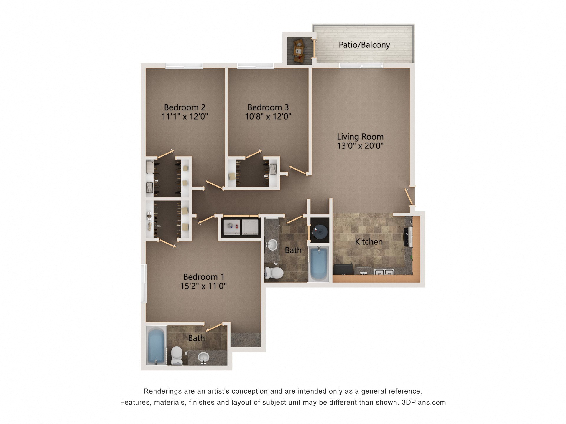 Hickory three bedroom floorplan at highland view apartments